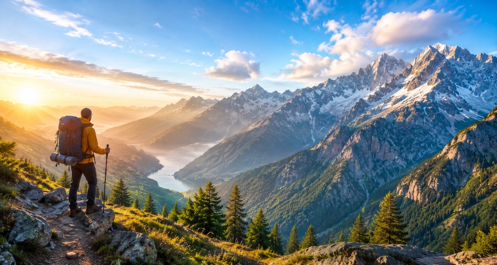 A traveller overlooking a mountain valley at sunrise